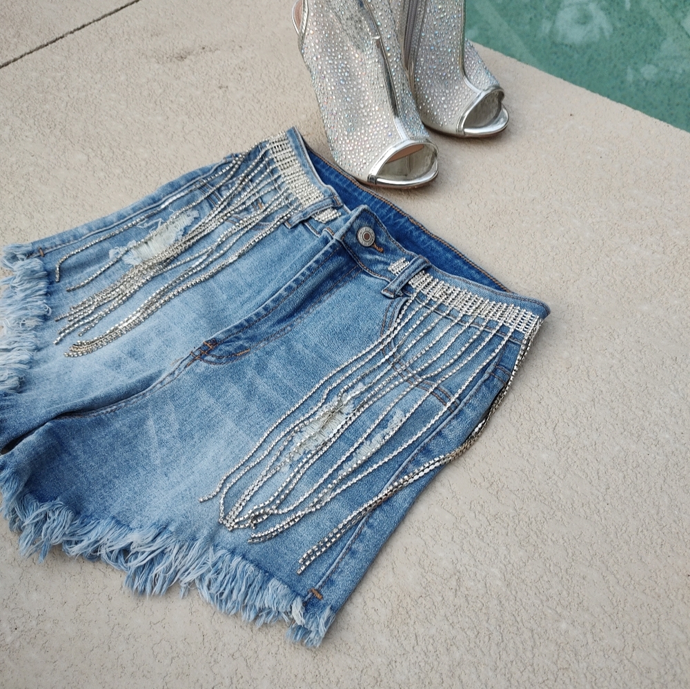 High waisted distressed rhinestone fringe jean shorts - Picture 16 of 16